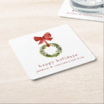 Scandi Christmas Wreath Red Bow Square Paper Coaster<br><div class="desc">Christmas greenery happy holidays paper coasters.  These paper coasters feature a simple boxwood greenery christmas wreath hanging from a red bow.  All text can be customized with any wording of your choice.</div>