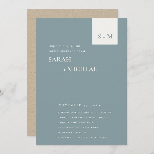 SCANDI DUSKY BLUE MONOGRAM COUPLES SHOWER INVITE (Front/Back)