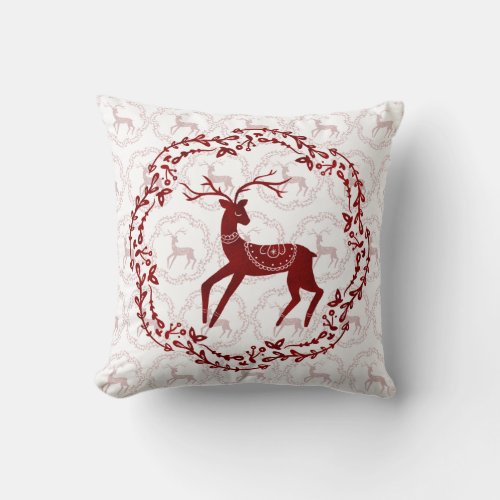 Scandi Folk Art Christmas Style Deer  Birds Throw Pillow