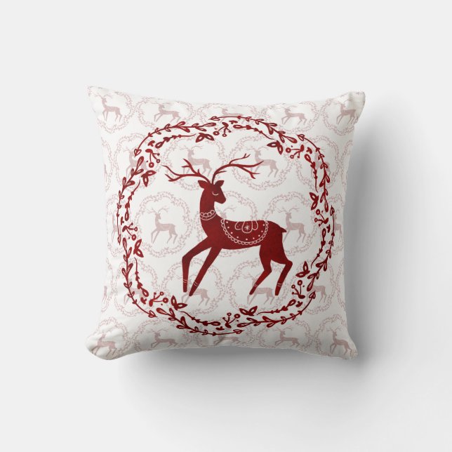 Scandi Folk Art Christmas Style Deer & Birds Throw Pillow (Front)