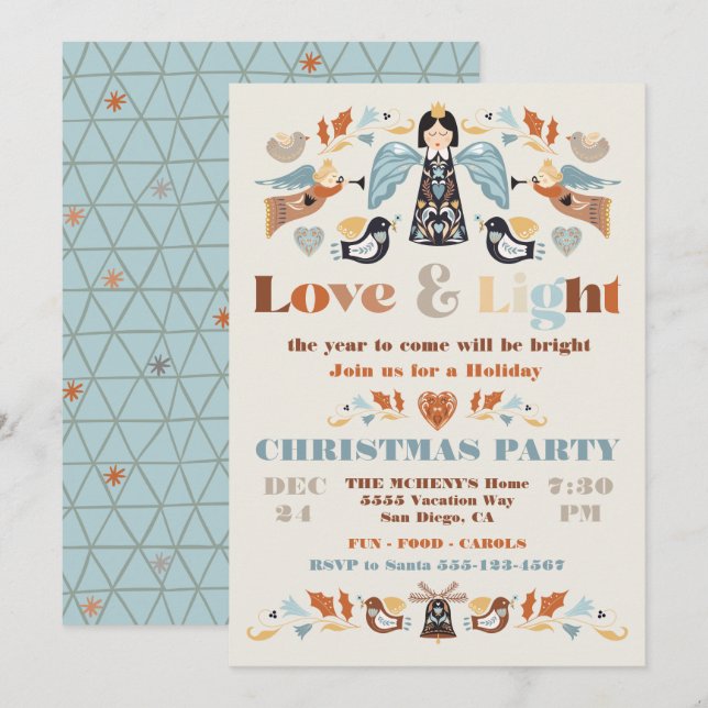 Scandi Folk art Love and Light Christmas Party Invitation (Front/Back)