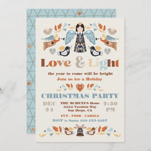 Scandi Folk art Love and Light Christmas Party Invitation