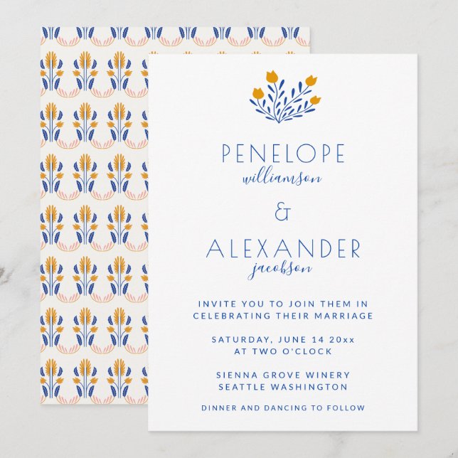 Scandi Folk Floral in Blue and Yellow Wedding  Invitation (Front/Back)