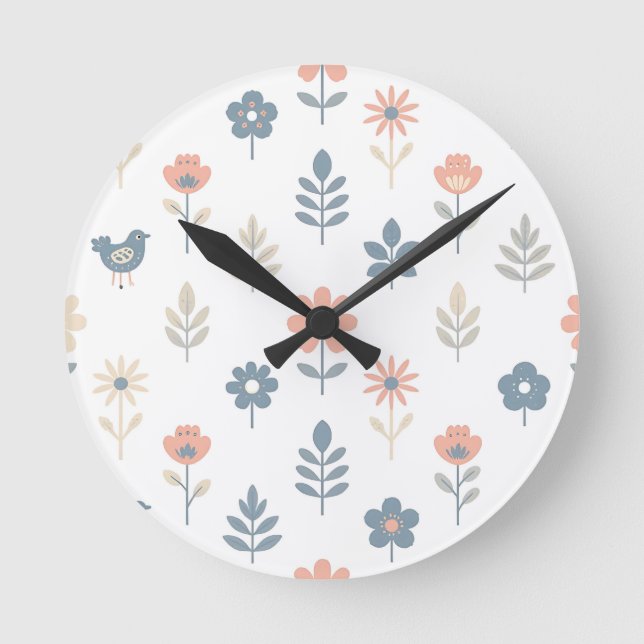 Scandi Folk Flowers Birds Pattern Round Clock (Front)