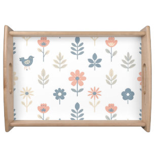 Scandi Folk Flowers Birds Pattern Serving Tray