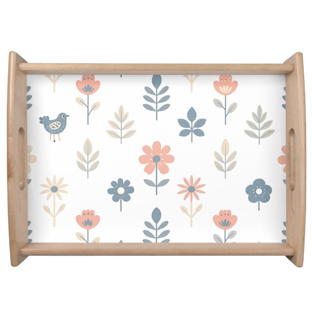 Scandi Folk Flowers Birds Pattern Serving Tray (Front)