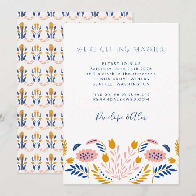Scandi Folk Flowers Blue Yellow Casual Wedding Invitation (Front/Back)