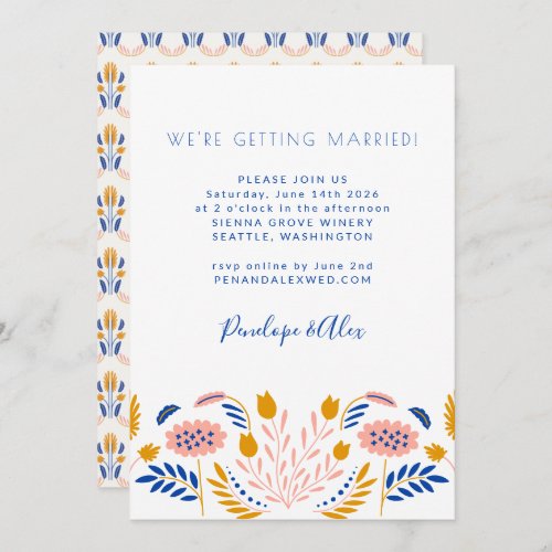 Scandi Folk Flowers Blue Yellow Casual Wedding Invitation