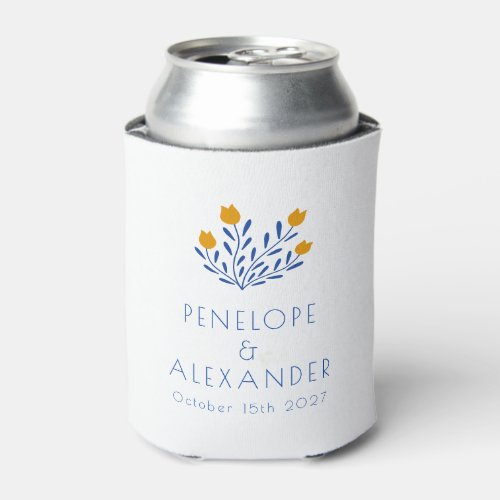 Scandi Folk Flowers Blue Yellow Custom Wedding  Can Cooler