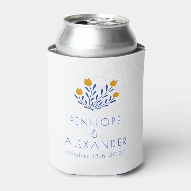 Scandi Folk Flowers Blue Yellow Custom Wedding  Can Cooler (Can Front)