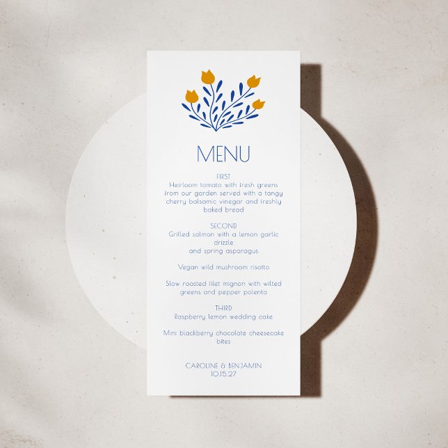 Scandi Folk Flowers Blue Yellow Custom Wedding  Menu (Creator Uploaded)