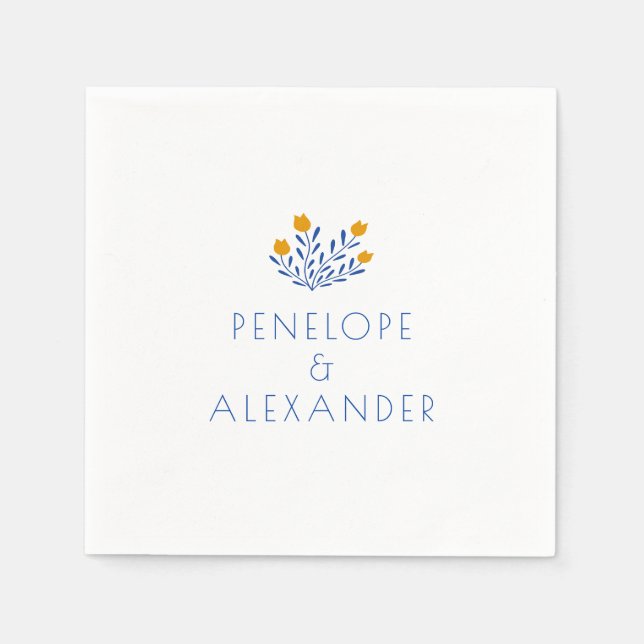 Scandi Folk Flowers Blue Yellow Custom Wedding  Napkins (Front)