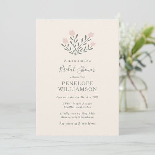 Scandi Folk Flowers Blush Pink Sage Bridal Shower Invitation