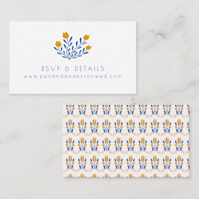 Scandi Folk Flowers in Blue and Yellow Wedding Enclosure Card (Front/Back)