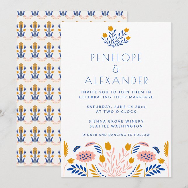 Scandi Folk Flowers in Blue and Yellow Wedding Invitation (Front/Back)