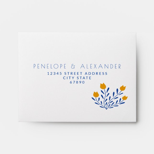 Scandi Folk Flowers in Blue and Yellow Wedding RSV Envelope (Front)