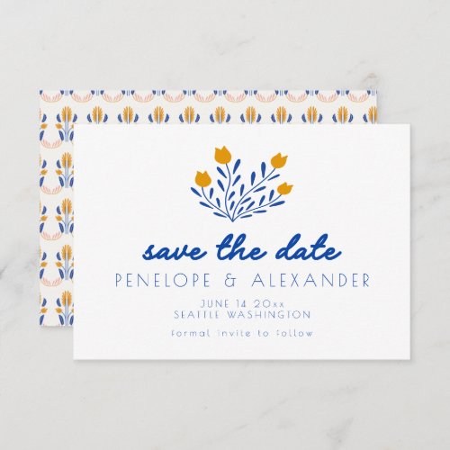 Scandi Folk Flowers in Blue and Yellow Wedding Save The Date