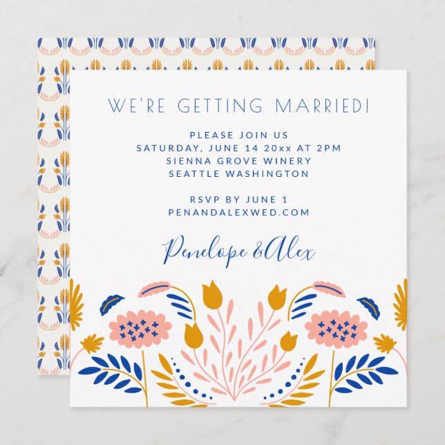 Scandi Folk Flowers in Blue Casual Square Wedding  Invitation (Front/Back)