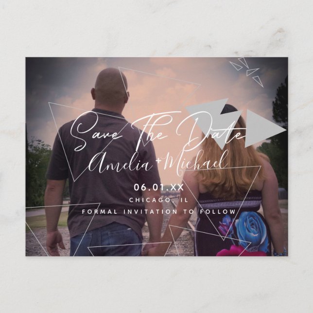 Scandi Geometrical Shapes Gray Save the Date Photo Postcard (Front)