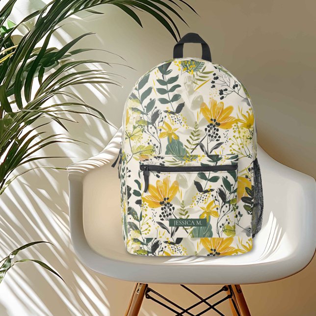 Scandi-Inspired Botanical Sketches  Printed Backpack (Scandi-inspired botanical sketches pattern in elegant yellow and green tones,)
