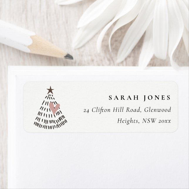 Scandi Minimal Blush Heart Christmas Tree Address Label (Insitu)