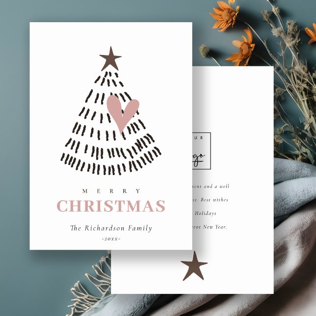 Scandi Minimal Blush Heart Christmas Tree Logo Holiday Card (Creator Uploaded)