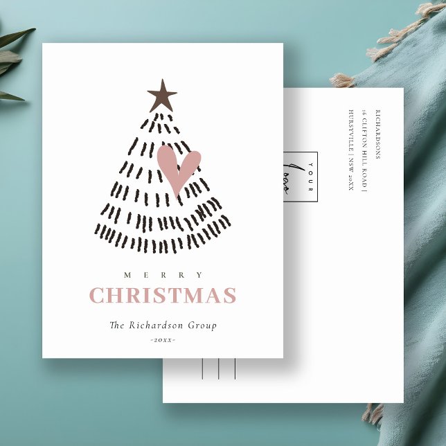 Scandi Minimal Blush Heart Christmas Tree Logo Holiday Postcard (Creator Uploaded)