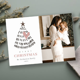 Scandi Minimal Blush Heart Christmas Tree Photo Holiday Card