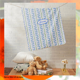 Scandi Nordic Blue Birds Stripe Red Yellow Flowers Baby Blanket