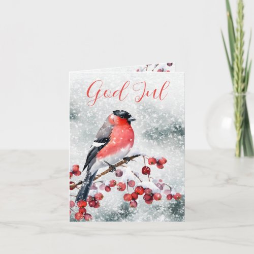 Scandi Norwegian Christmas Bird Snowy Red Berries Holiday Card