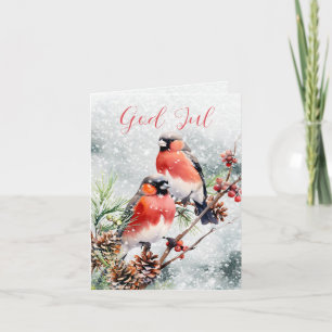 Scandi Norwegian God Jul Julefugl Kottar Röda Bär Holiday Card