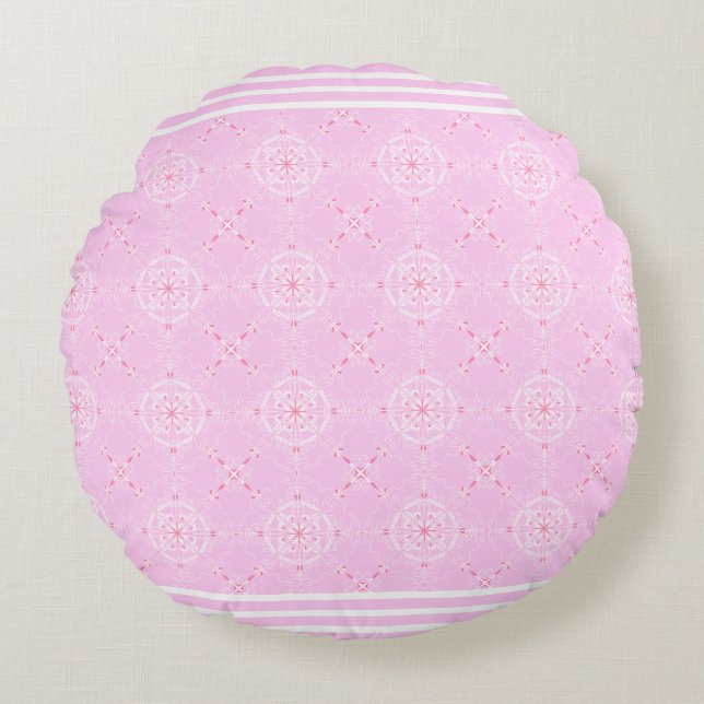 Scandi Pattern with Stripes Pink and White Round Pillow (Front)