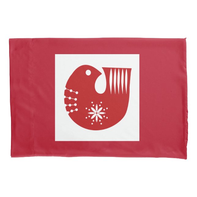 Scandi Red Bird Folk Art   Pillow Case (Front)