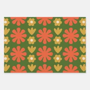 Scandi Retro Floral Folk Art Patterns Orange Green Wrapping Paper Sheets