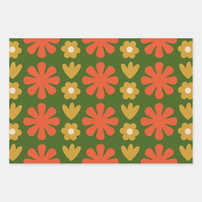 Scandi Retro Floral Folk Art Patterns Orange Green Wrapping Paper Sheets (Front)
