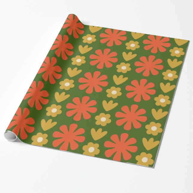 Scandi Retro Floral Pattern Green Orange Ocher Wrapping Paper (Unrolled)