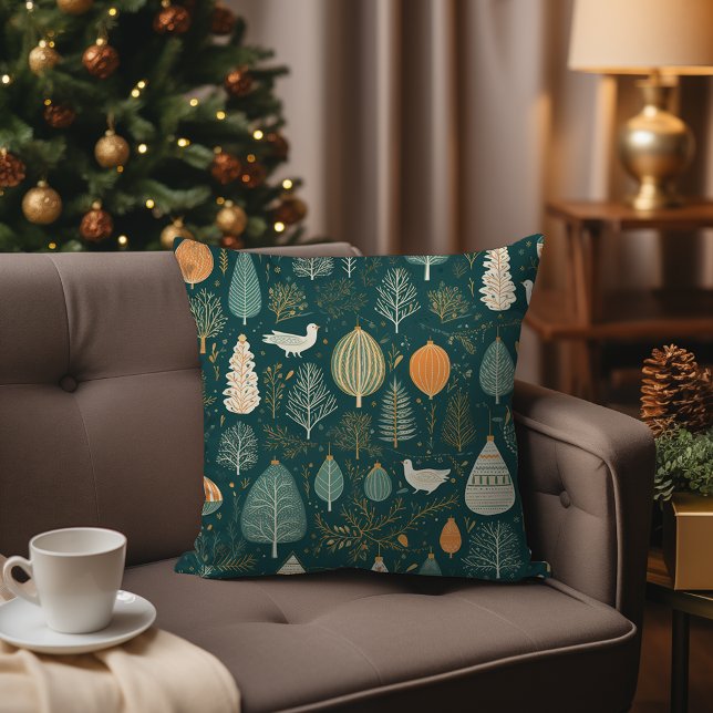 Scandi Sage Green Nordic Hygge Woodland Christmas Throw Pillow (Nordic Scandinavian Sage Green Woodland Christmas Forest Throw Pillow – Modern Abstract Fir Trees)