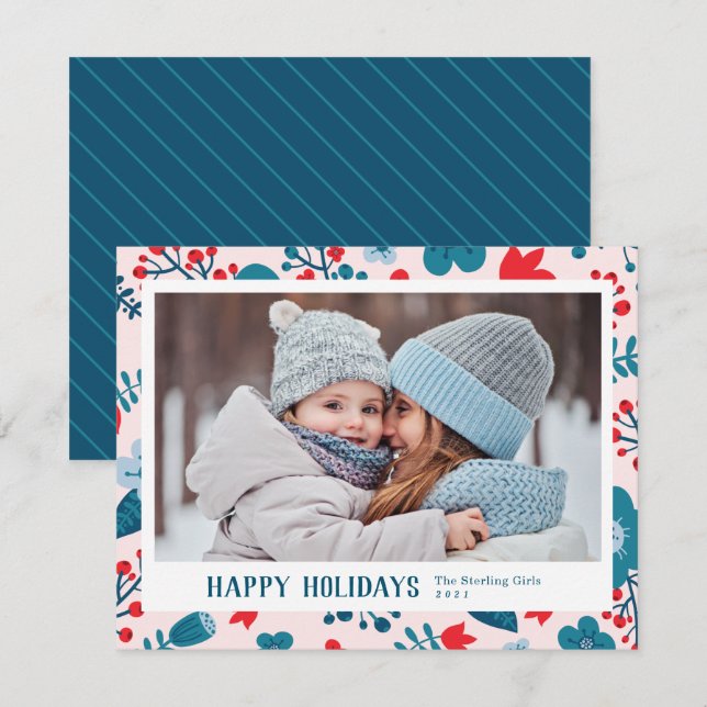 Scandi Style Mod Red & Blue Family Photo Holiday Card (Front/Back)