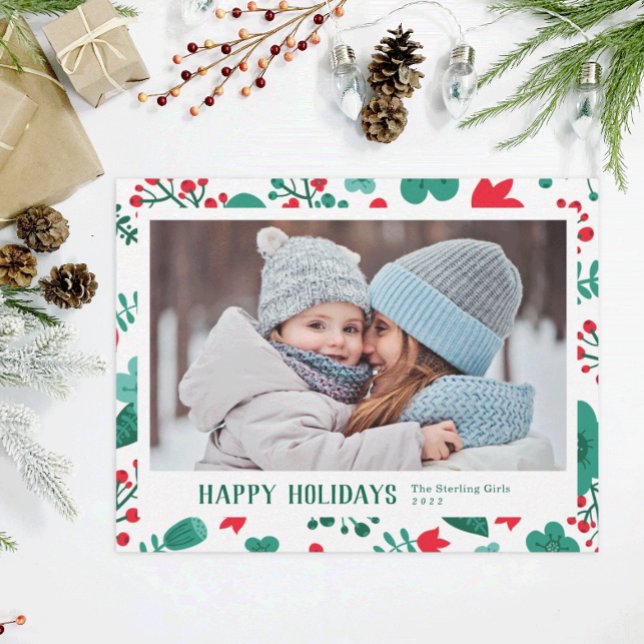 Scandi Style Mod Red & Green Family Photo Holiday Card (Creator Uploaded)