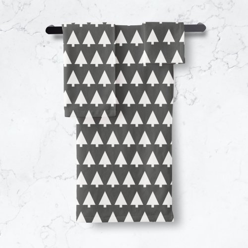 Scandi Tree Pattern  Minimalist Black and White Bath Towel Set
