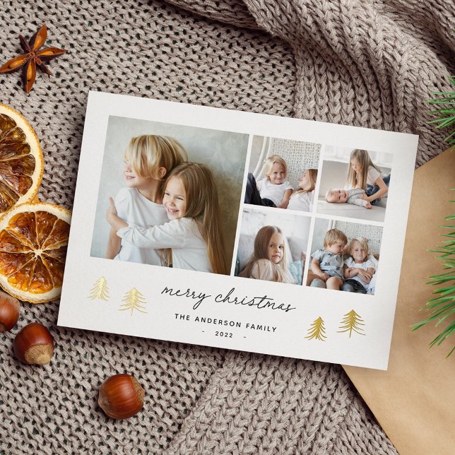 Scandi Trees | Modern Minimalist Photo Collage Foil Holiday Card (Creator Uploaded)