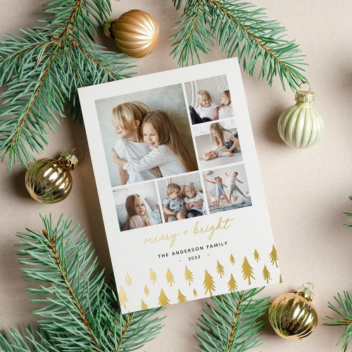 Scandi Trees  Modern Minimalist Photo Collage Hol Foil Holiday Card