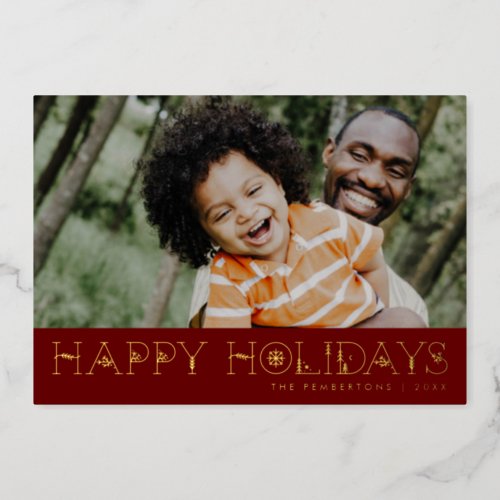 Scandi Type Happy Holidays Gold  Red Photo Foil Holiday Card