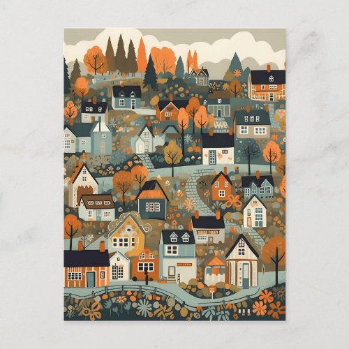 Scandi Village At Fall Time Art Postcard