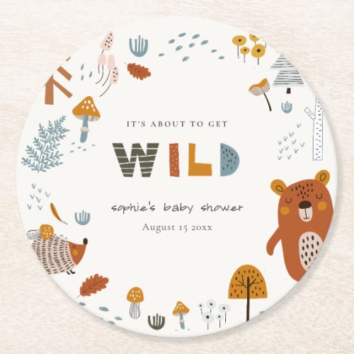 Scandi Wild Tropical Woodland Animals Baby Shower Round Paper Coaster