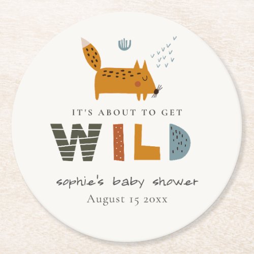 Scandi Wild Tropical Woodland Animals Baby Shower Round Paper Coaster