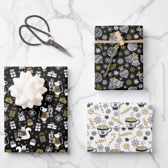 Scandi Winter Christmas Gold & Black Woodland Wrapping Paper Sheets (Front)