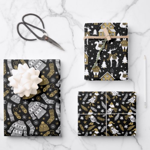 Scandi Winter Christmas Gold  Black Woodland Wrapping Paper Sheets