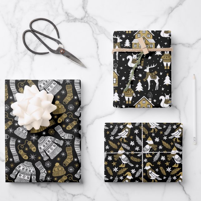 Scandi Winter Christmas Gold & Black Woodland Wrapping Paper Sheets (Front)