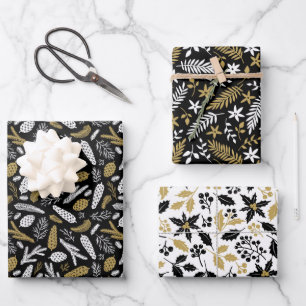 Scandi Winter Christmas Gold & Black Woodland Wrapping Paper Sheets